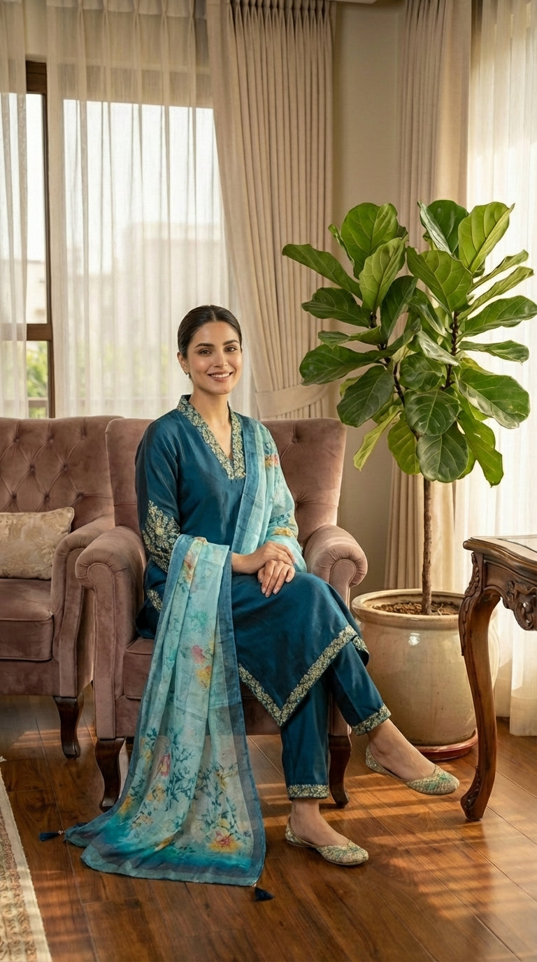 Embroidered Collar & Sleeves Work Straight Suit with Printed Dupatta and Pant