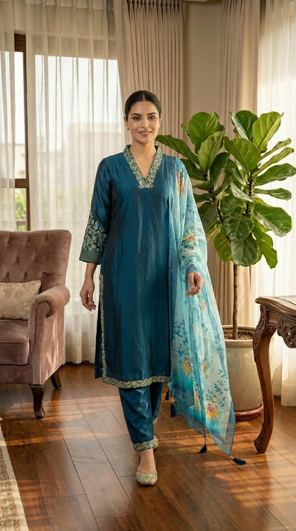 Embroidered Collar & Sleeves Work Straight Suit with Printed Dupatta and Pant