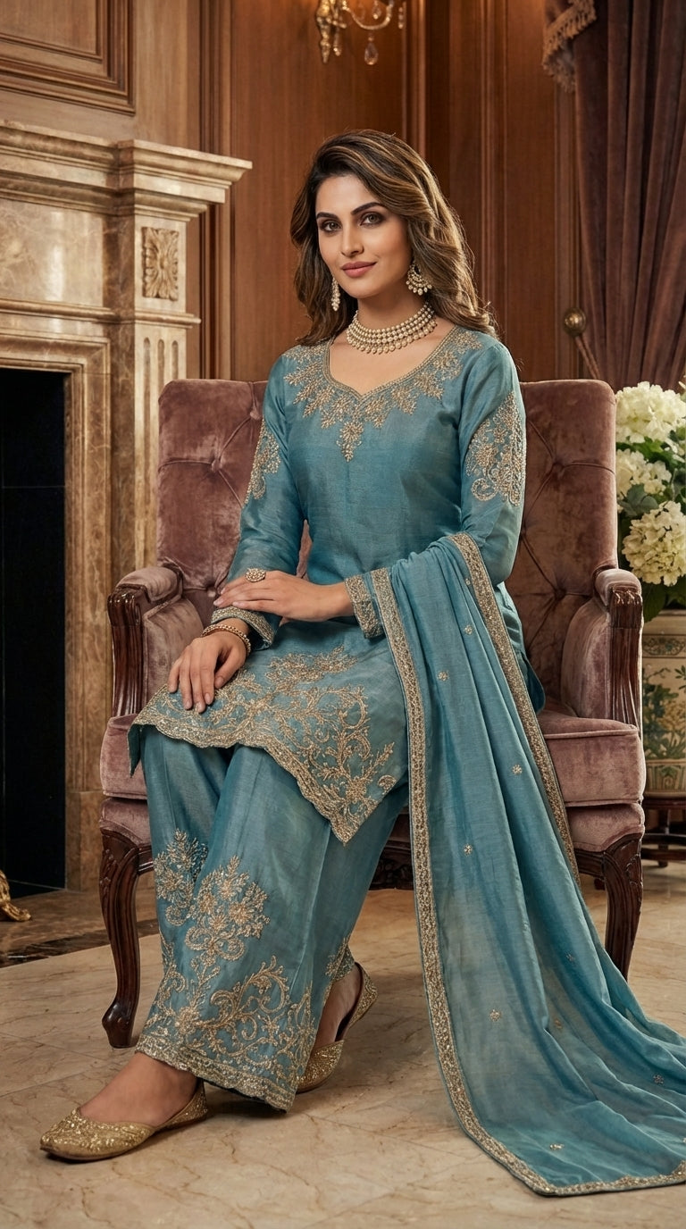 Beats Embroidered Straight Suit with Palazzo & Dupatta