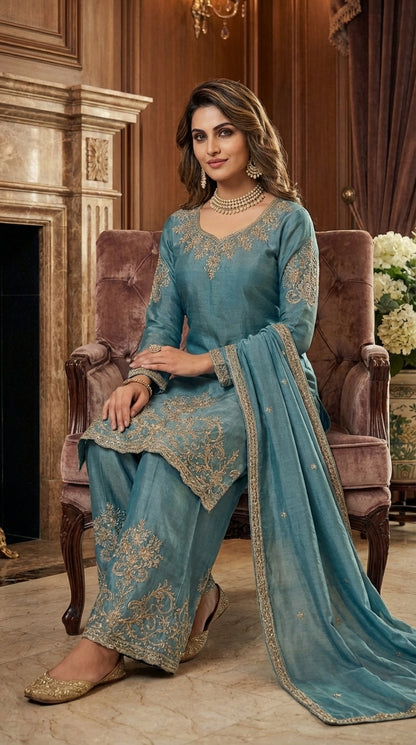 Beats Embroidered Straight Suit with Palazzo & Dupatta