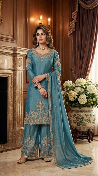 Beats Embroidered Straight Suit with Palazzo & Dupatta