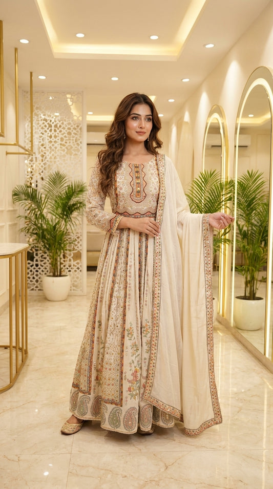 Floral Printed Anarkali Gown with Matching Dupatta