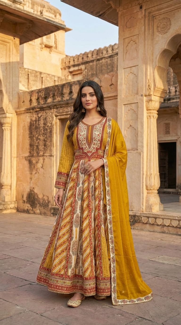 Traditional Printed Anarkali Gown with Contrast Dupatta