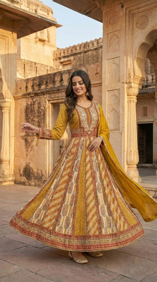 Traditional Printed Anarkali Gown with Contrast Dupatta