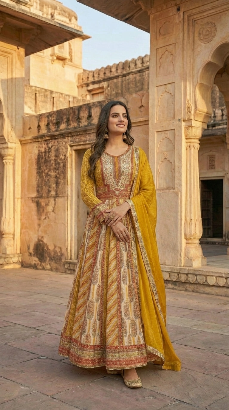 Traditional Printed Anarkali Gown with Contrast Dupatta