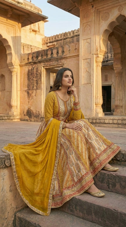 Traditional Printed Anarkali Gown with Contrast Dupatta