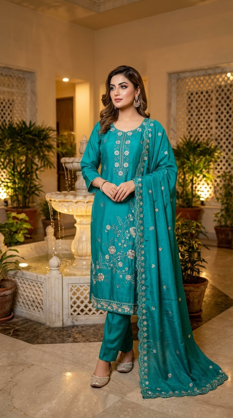 Beads Embroidered Straight Suit with Pant and Dupatta