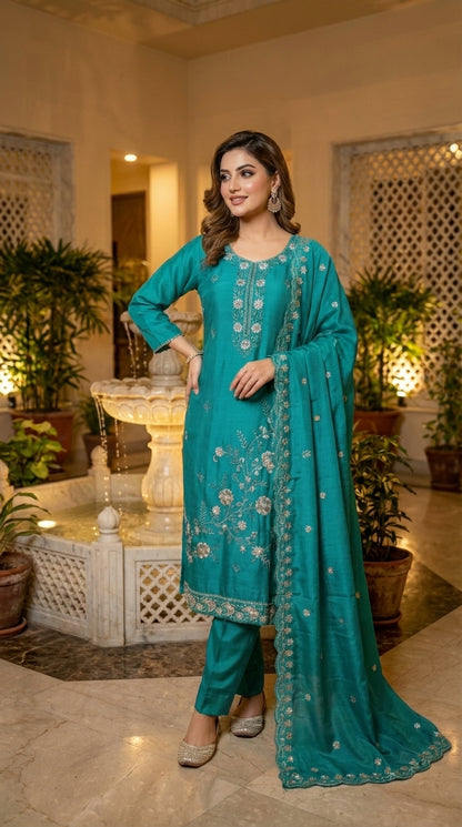 Beads Embroidered Straight Suit with Pant and Dupatta