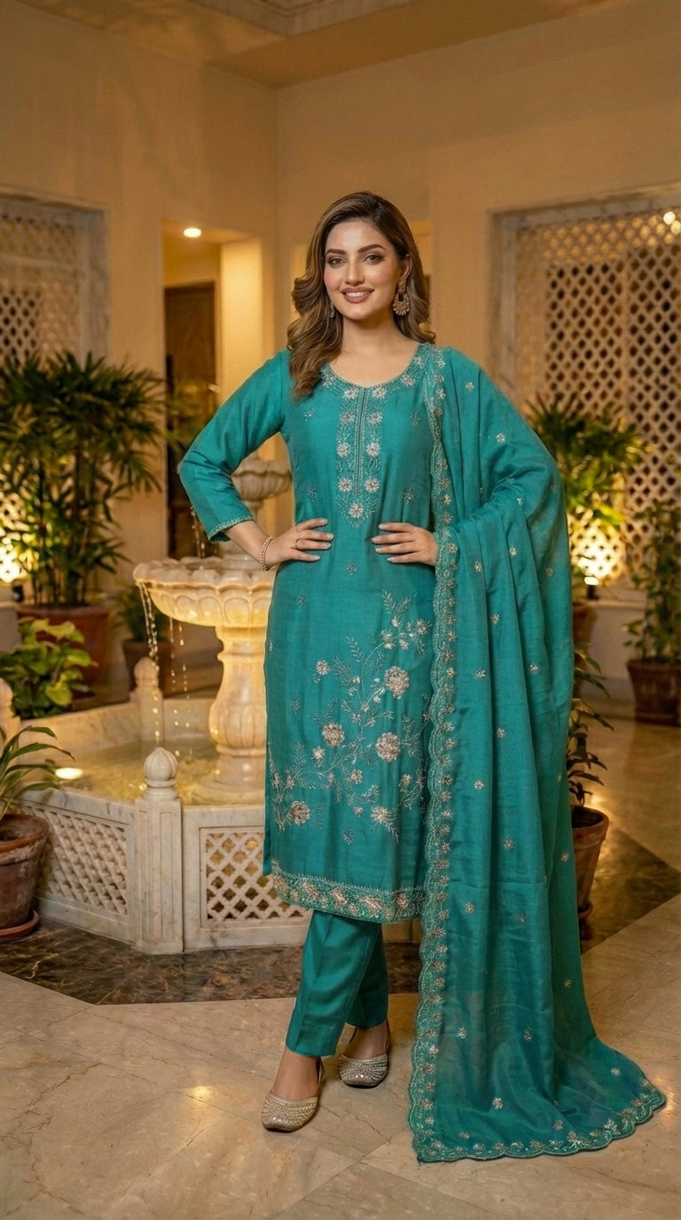 Beads Embroidered Straight Suit with Pant and Dupatta