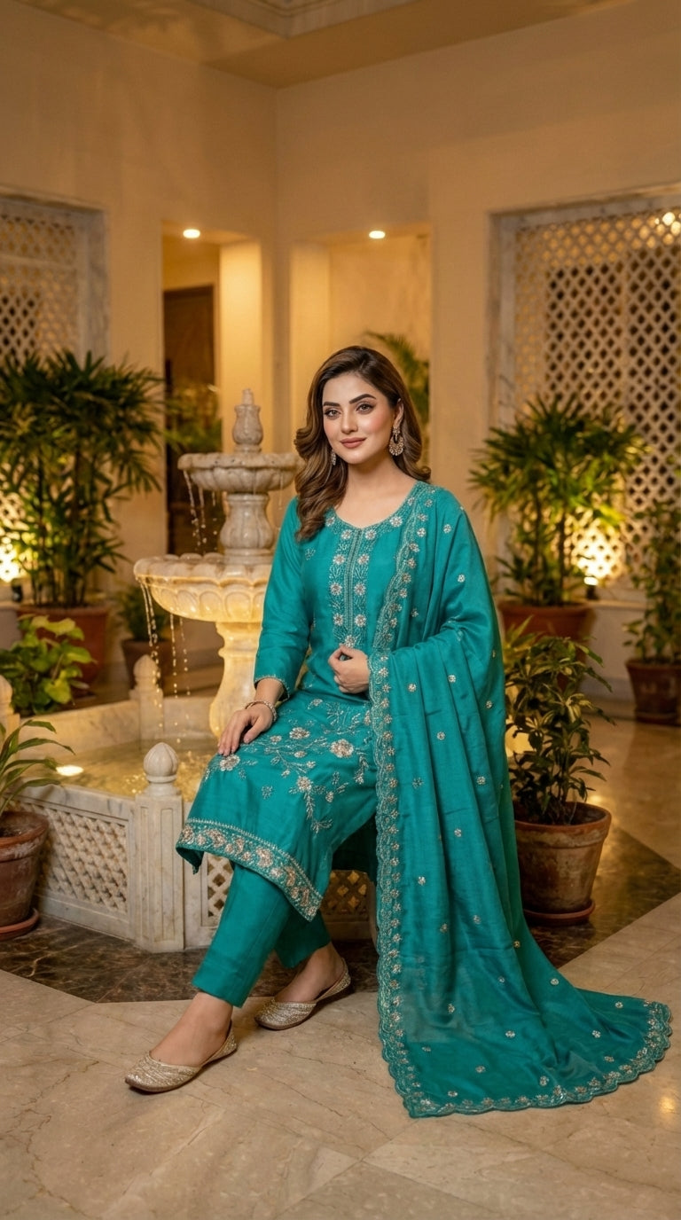 Beads Embroidered Straight Suit with Pant and Dupatta