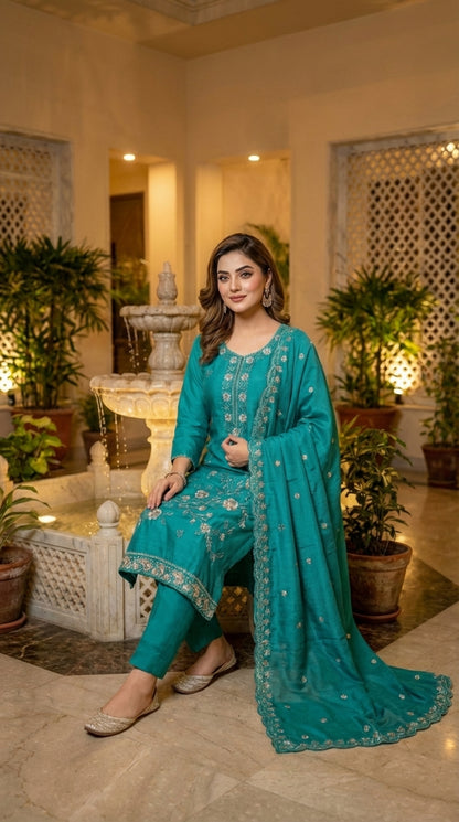 Beads Embroidered Straight Suit with Pant and Dupatta