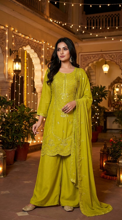 Beads Embroidered Straight Suit with Wide-Leg Palazzo & Dupatta