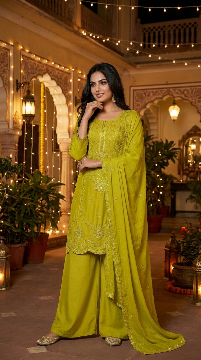Beads Embroidered Straight Suit with Wide-Leg Palazzo & Dupatta