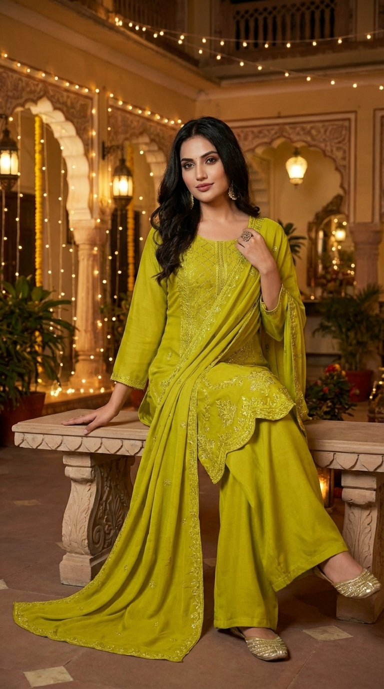 Beads Embroidered Straight Suit with Wide-Leg Palazzo & Dupatta