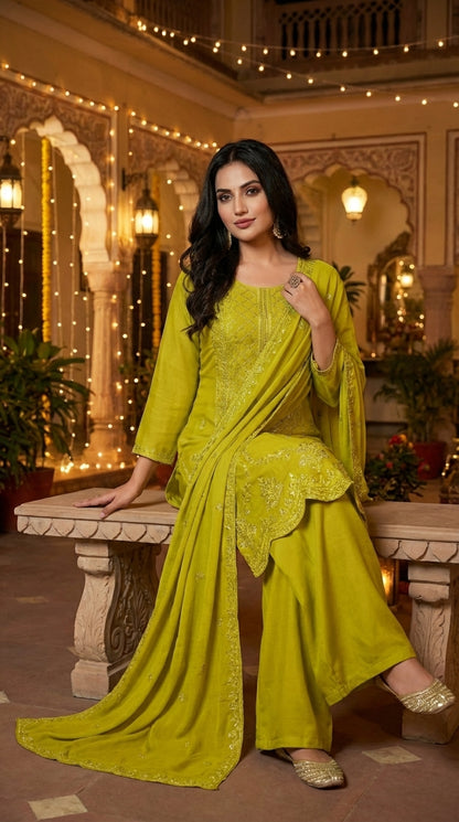 Beads Embroidered Straight Suit with Wide-Leg Palazzo & Dupatta