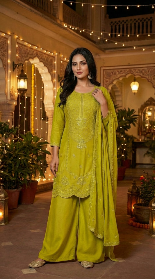 Beads Embroidered Straight Suit with Wide-Leg Palazzo & Dupatta