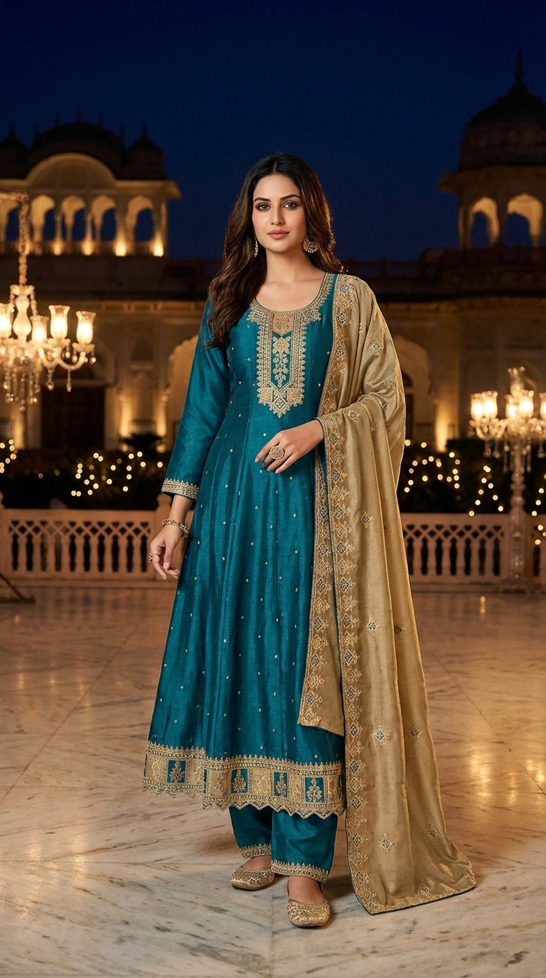 Embroidered Anarkali Suit with Contrast Gold Dupatta & Pant Set