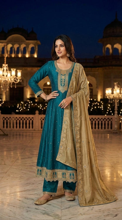 Embroidered Anarkali Suit with Contrast Gold Dupatta & Pant Set