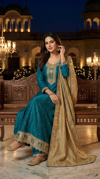 Embroidered Anarkali Suit with Contrast Gold Dupatta & Pant Set