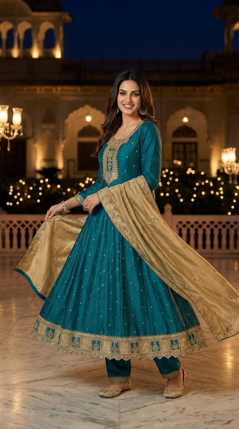 Embroidered Anarkali Suit with Contrast Gold Dupatta & Pant Set