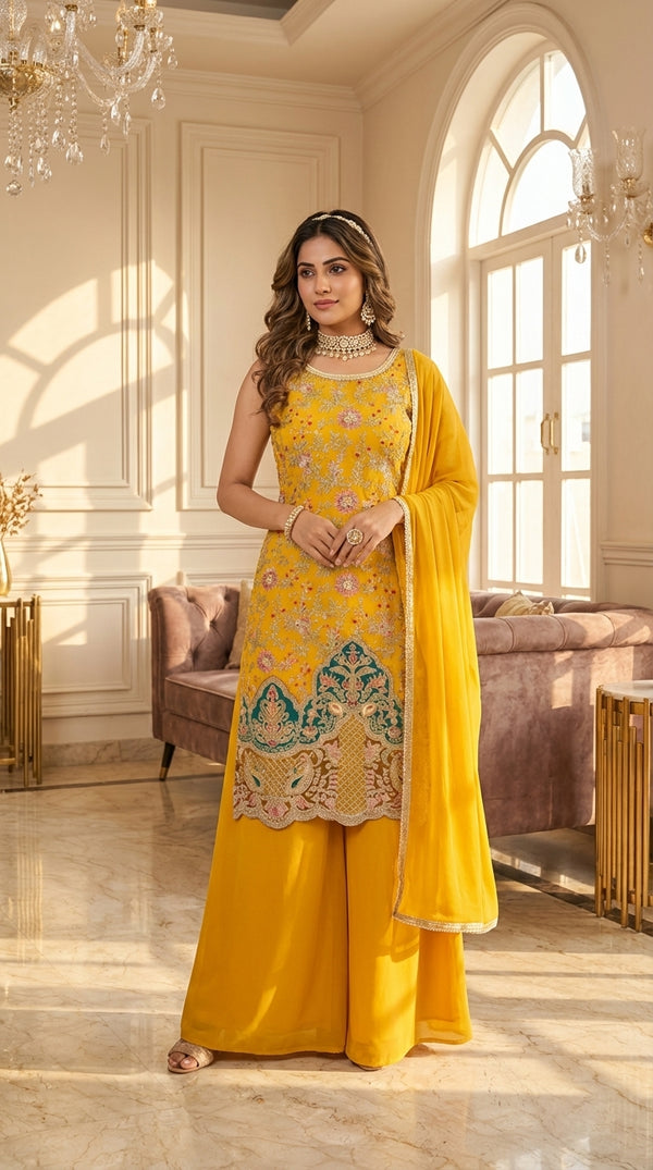 Long Straight Suit with Emb & Print work Paired with Plazo and Dupatta