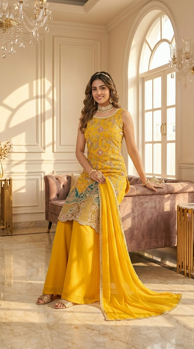 Long Straight Suit with Emb & Print work Paired with Plazo and Dupatta