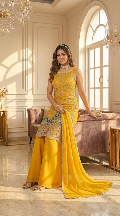 Long Straight Suit with Emb & Print work Paired with Plazo and Dupatta