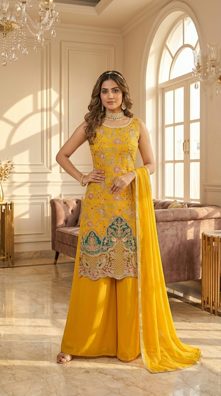 Long Straight Suit with Emb & Print work Paired with Plazo and Dupatta