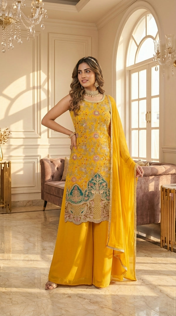 Long Straight Suit with Emb & Print work Paired with Plazo and Dupatta