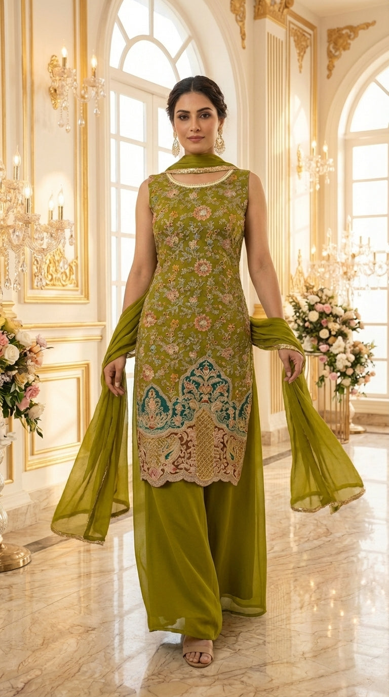 Long Straight Suit with Emb & Print work Paired with Plazo and Dupatta