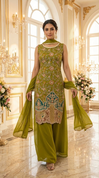 Long Straight Suit with Emb & Print work Paired with Plazo and Dupatta