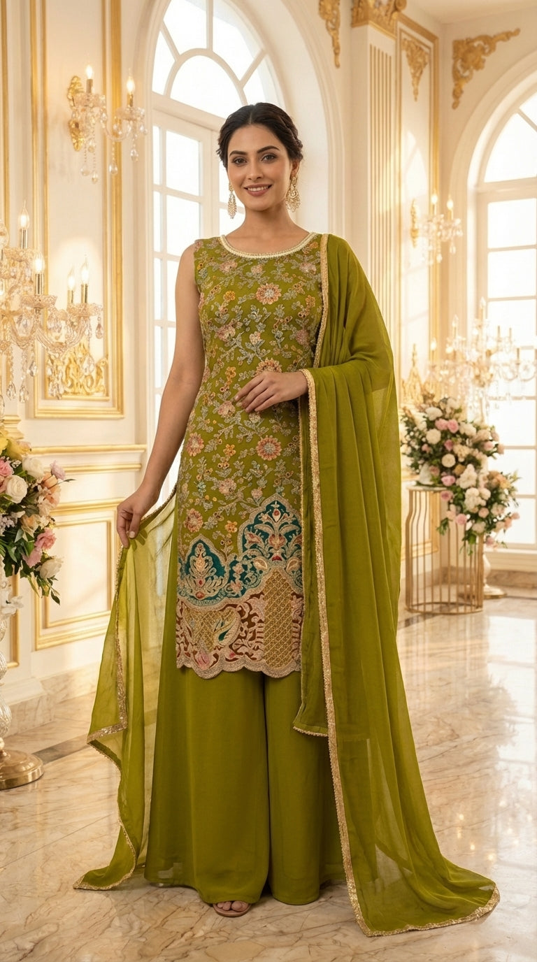 Long Straight Suit with Emb & Print work Paired with Plazo and Dupatta