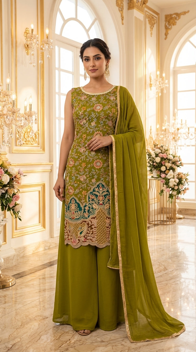 Long Straight Suit with Emb & Print work Paired with Plazo and Dupatta
