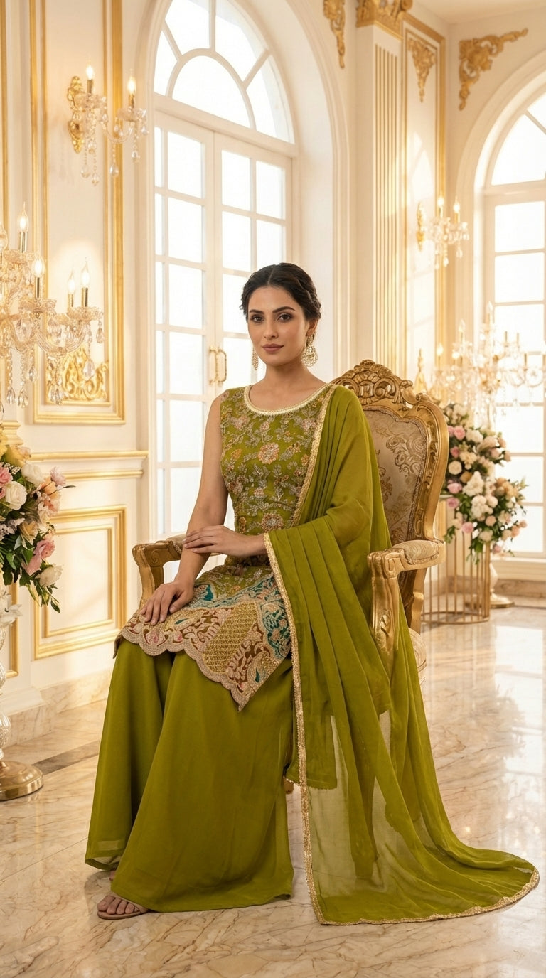 Long Straight Suit with Emb & Print work Paired with Plazo and Dupatta