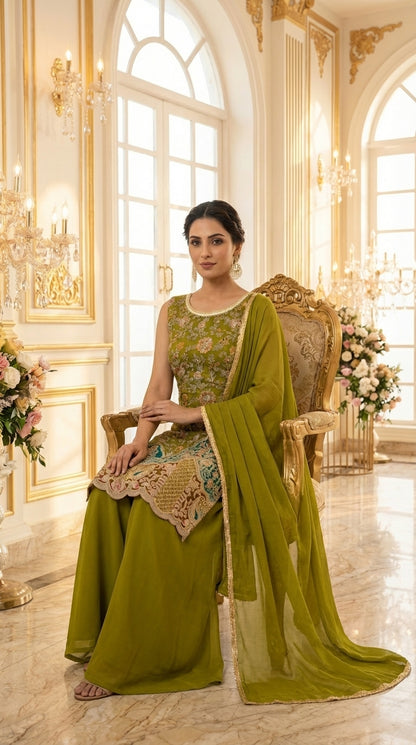 Long Straight Suit with Emb & Print work Paired with Plazo and Dupatta