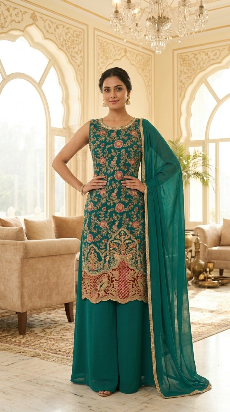 Long Straight Suit with Emb & Print work Paired with Plazo and Dupatta