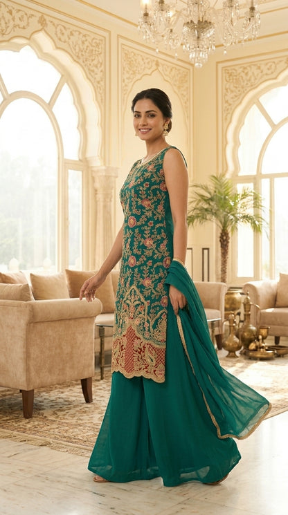 Long Straight Suit with Emb & Print work Paired with Plazo and Dupatta