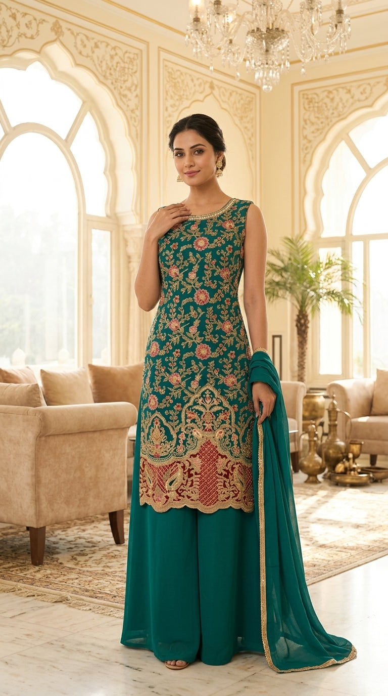 Long Straight Suit with Emb & Print work Paired with Plazo and Dupatta