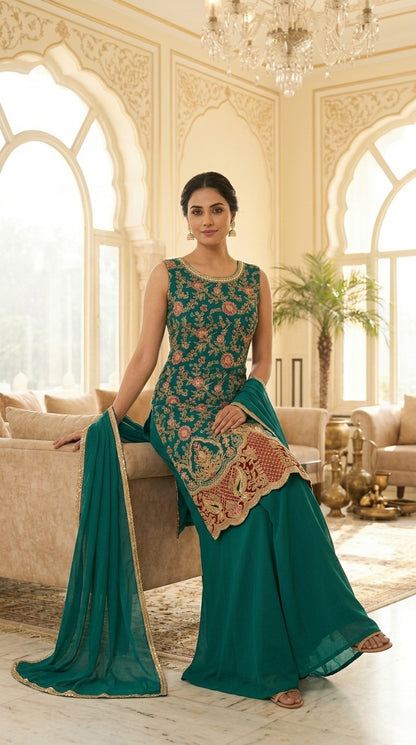Long Straight Suit with Emb & Print work Paired with Plazo and Dupatta