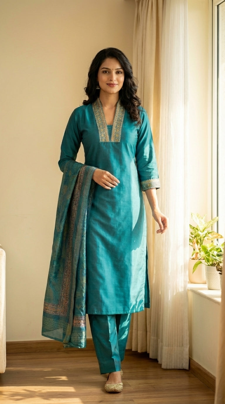Straight Suit paired with Pant and Printed Dupatta