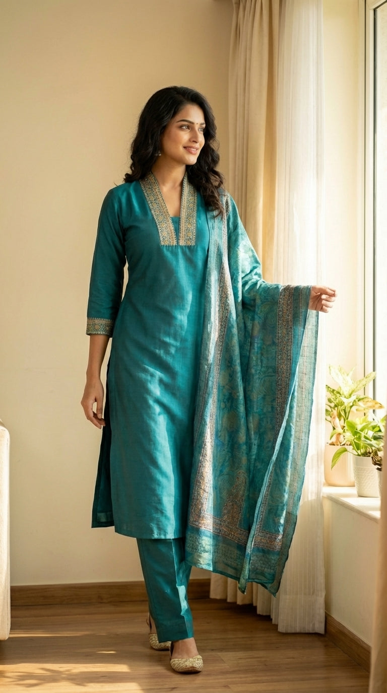 Straight Suit paired with Pant and Printed Dupatta