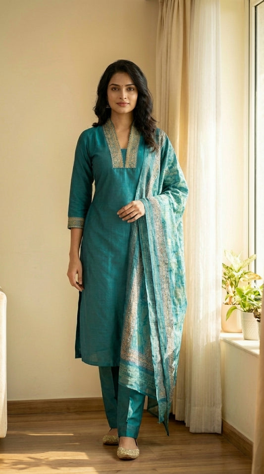 Straight Suit paired with Pant and Printed Dupatta