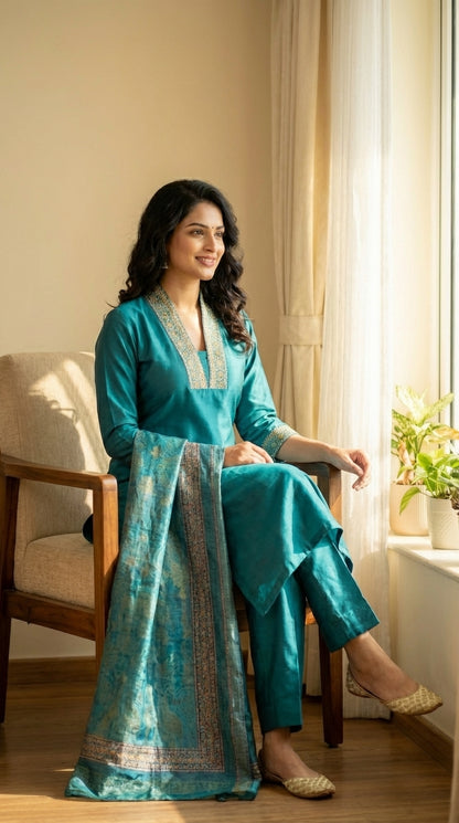 Straight Suit paired with Pant and Printed Dupatta