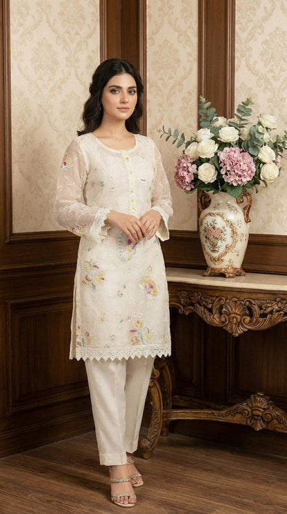 White Embroidered Top with Multi contrast Paired with pant