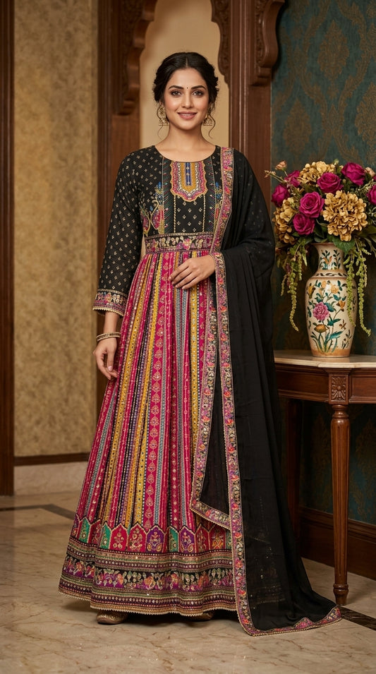 Multi Print Anarkali Suit with Dupatta