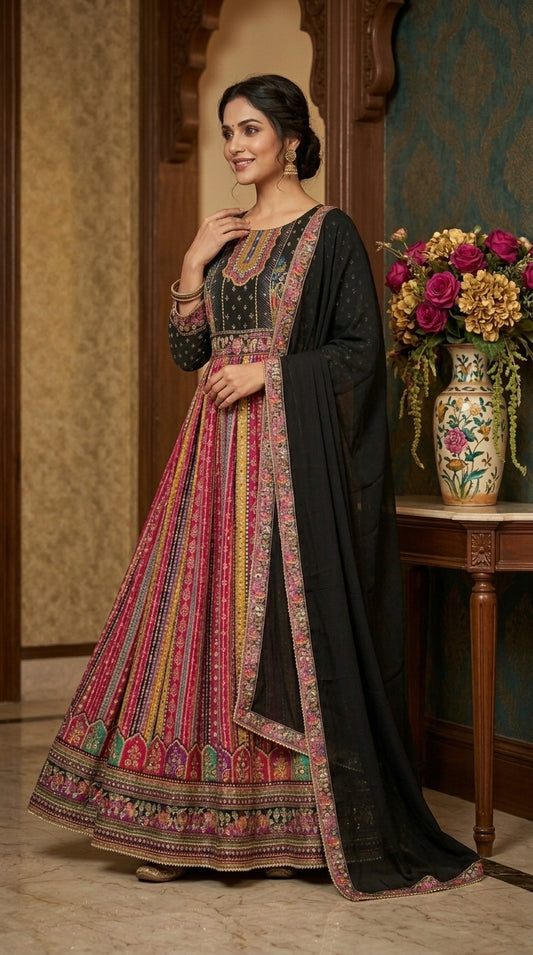 Multi Print Anarkali Suit with Dupatta