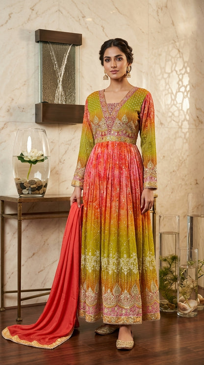Two Shade Printed Anarkali with Sequin Work & Dupatta