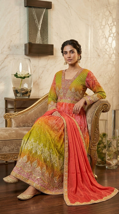 Two Shade Printed Anarkali with Sequin Work & Dupatta