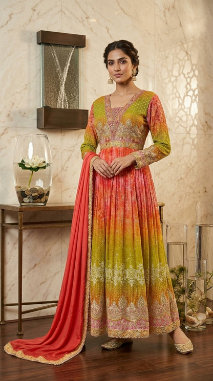 Two Shade Printed Anarkali with Sequin Work & Dupatta