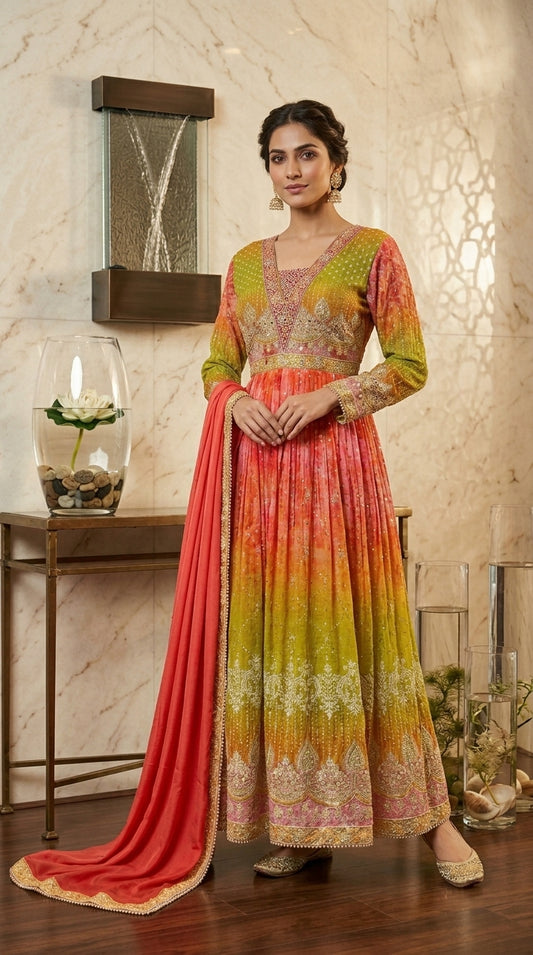 Two Shade Printed Anarkali with Sequin Work & Dupatta
